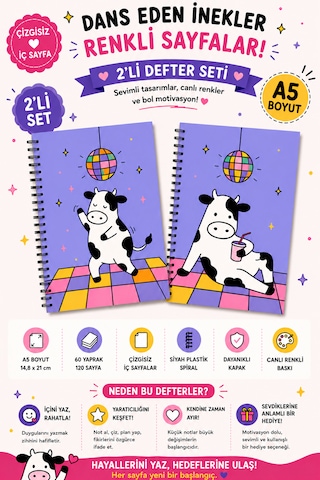 Zumio Disco Cow Koleksiyonu 2'li A5 Spiralli Defter Seti 60 Yaprak Çizgisiz Siyah Plastik Spiral Düz Zumio Disco Cow Koleksiyonu 2'li A5 Spiralli Defter Seti 60 Yaprak Çizgisiz Siyah Plastik Spiral Düz