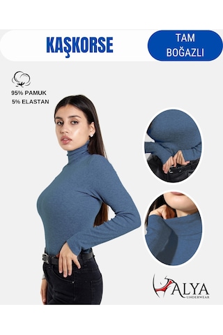Alya Underwear Kaşkorse Tam Boğazlı Body Sweatshirt, Fitilli Kumaş, Likralı, Gül Kurusu İndigo Melanj