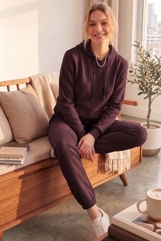 Moibody Kadın 3 İplik Şardonlu Eşofman Takımı Premium Kapüşonlu Sweatshirt Ve Jogger Alt Acı Kahve Acı Kahve