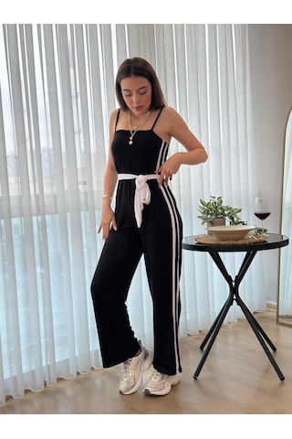 Munn Collection Kadın Ip Askılı Straplez Belden Kuşaklı Viskon Iki Iplik Tulum Siyah