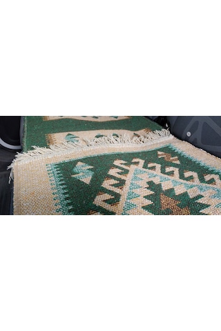 Reversible Oto Koltuk Kilim Seti 3 Parça Makine Dokuma Akrilik & Polyester Saçaklı - Yeşil