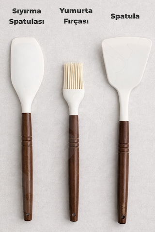 3 Parça Pastacı Seti - Akasya Saplı Silikon Spatula, Sıyırma Spatulası, Yumurta Fırçası - Mutfak Beyaz
