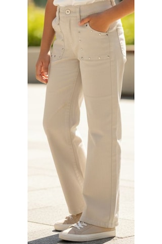 Kız Çocuk Cep Üzeri Zımba Detaylı Geniş Paça Modelli Beli Lastik Ayarlamalı Bej Renk Pantolon Bej