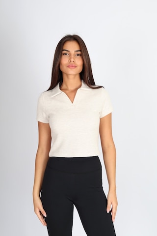Soft&Basic Polo Yaka Jakar Crop Fit T-shirt Bej