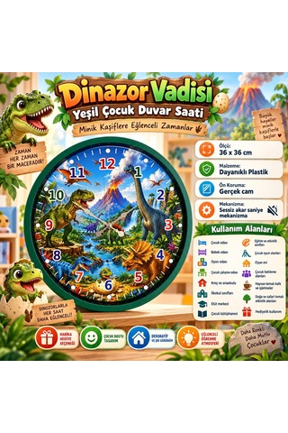 Almira Duvar Saati Dinazor Vadisi Yeşil 36 X 36 Cm Çocuk Duvar Saati