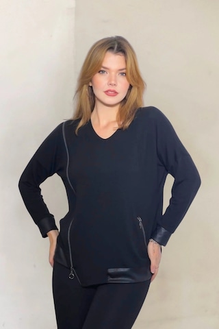 Yandan Fermuarlı Suni Deri Detaylı Bluz Siyah