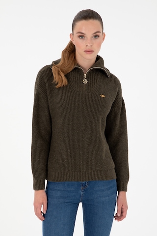 U.S. Polo Assn. Kadın Haki V Yaka Fermuarlı Kazak 50297086-VR027