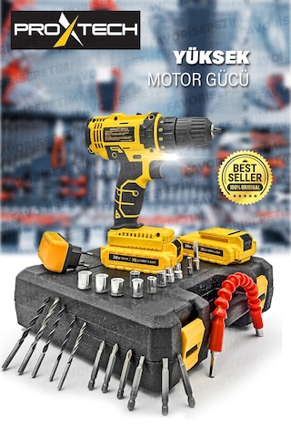 Proxtech Profesyonel Çift Akülü Turbo 36v Tork Güçlendirilmiş Akülü Vidalama Matkap 27 Parça Set
