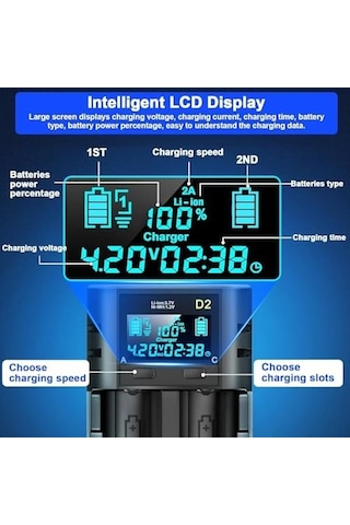I-gen Batteries Lii-400 Akıllı Li-ion Pil Şarj Cihazı, Type-c Girişli, Lcd Ekranlı, 2 Slot Şarj, Li-ion & Ni-mh Uyumlu 18650/21700 / Aa/aaa