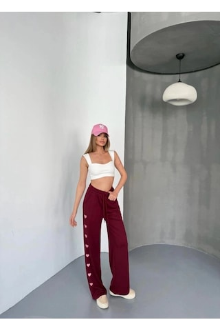 Freedom Store Kadın Osy Modal Yumuşak Dokulu Nakışlı Rahat Bol Paça Eşofman Pantolon - Bordo