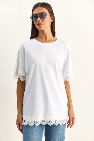 Shade Kadın Bisiklet Yaka Dantel Detaylı Oversize T-shirt 2134 60286120 - Beyaz
