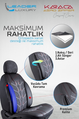 Citroen C3 Aircross Uyumlu Lüx Deri Detaylı Keten Oto Koltuk Kılıfı Ön Arka Takım Karaca Siyah