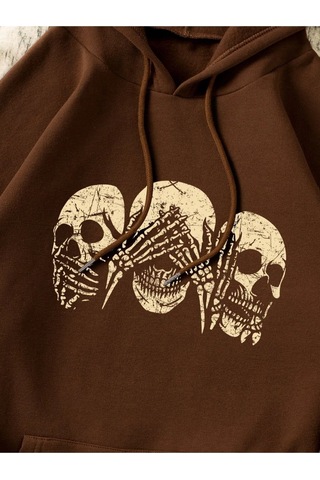 Unisex Kahverengi Kafatası Baskılı Oversize Kapşonlu Sweatshirt 001