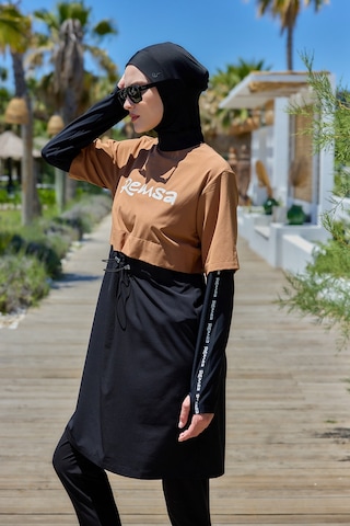 Remsa Mayo Spor Likra Logo Detay Tam Kapalı Tesettür Mayo R140 Camel
