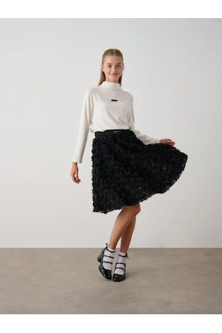 Kız Çocuk Beli Lastikli Gül Desenli Etek-14787 Siyah