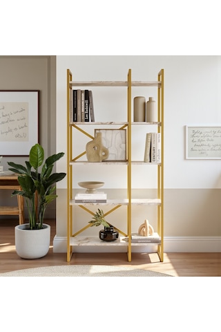 Robin Home Gold Metal Kitaplık 5 Raflı 2 Bölme 175cm Mermer Desen Mermer
