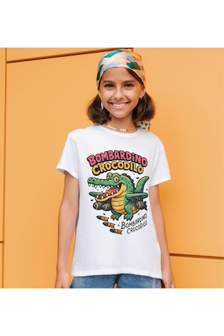 Bombardino Crocodilo Tişört Bombarıddıno Crocodil Çocuk T-shirt Tung Yetişkin Unisex Tişört Beyaz