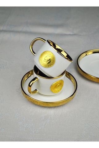 2'li Altınlı Türk Kahve Fincan Takımı Porselen Yaldızlı 4 Parça