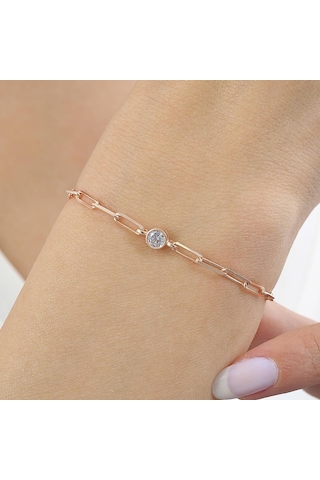 İtalyan Tasarım Ataç Zincirli Tek Işıltım Rosegold Gümüş Bileklik