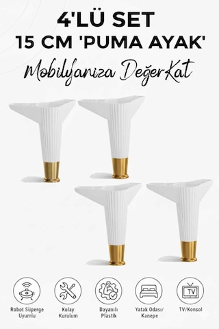 Puma 15 Cm Beyaz-altın 4 Adet Mobilya Kanepe Tv Ünitesi Kosol Dolap Komidin Ayağı Beyaz