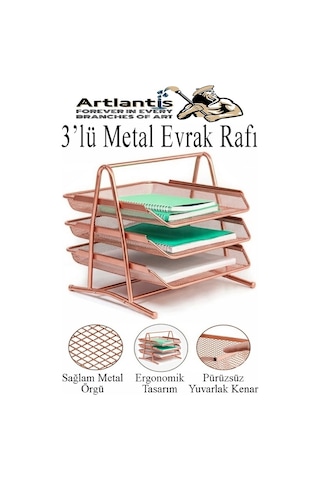 Bakır Yaldız Metal Evrak Rafı 3 Lü Ve Masaüstü Kalemlik 1 Paket Masaüstü A4 Dosya 3 Katlı Düzenleyici Kağıt Tepsi Metal Bakır