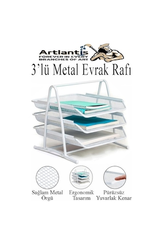 Beyaz Metal Evrak Rafı 3 Lü Ve Masaüstü Kalemlik 1 Paket Masaüstü A4 Dosya 3 Katlı Düzenleyici Kağıt Tepsisi Metal Beyaz