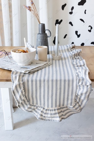 Gri Çizgili 40x125 Cm Vintage Fırfırlı %100 Keten Pamuklu Amerikan Runner Bej