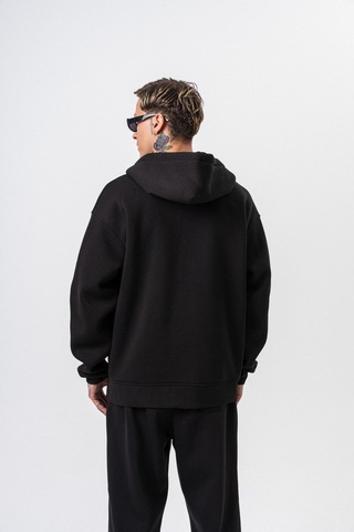 Erkek Respire Yazı Detaylı Kapüşonlu Basic Zip Oversize Hoodie Siyah