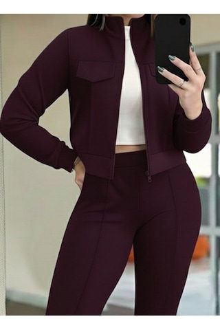 Efnaz Style Kadın Uzun Kollu Önden Fermuarlı Kısa Modal Mor Ceket Ve Pantolon Ikili Takım Bordo