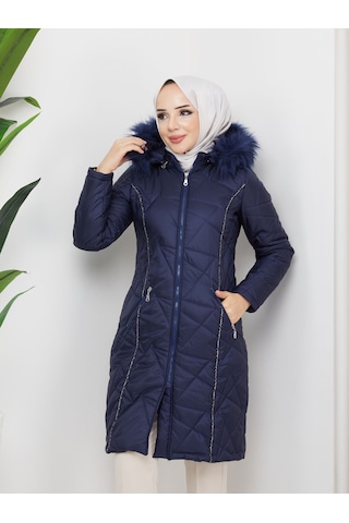 Deryam Tekstil Kapitone Uzun Mont Kürk Kapüşonlu Kaban Lacivert