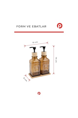 Pazarika 2 Li Amber Cam Sıvı Sabunluk Seti - Bambu Standlı & Tepsili Mutfak Banyo Seti Açık Kahverengi