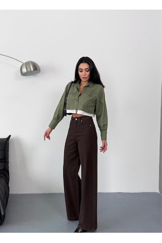 Kadın Kahverengi Baggy Jean Yüksek Bel Geniş Paça Kot Pantolon Kahverengi+baggy