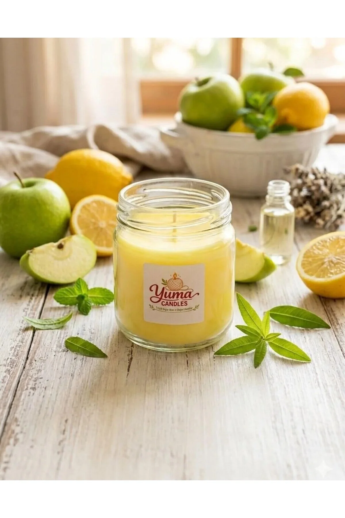 Yeşil Elma Ve Limon Kokulu %100 Soya Wax 200cc Kapaklı Cam Kavanoz Mum Sarı