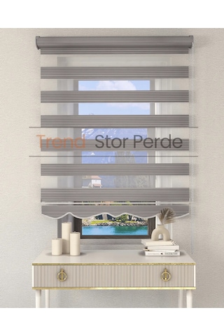 Geniş Plise Gri Etek Dilimli Zebra Stor Güneşlik Perde Kırık Gri