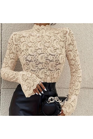 Kadın Üst Giyim Dik Yaka Alevli Uzun Kollu Dar Kesim Gömlek Düz Renk Şeffaf Oyuk Nakış Dantel Çiçek Desenli Üstler Beyaz