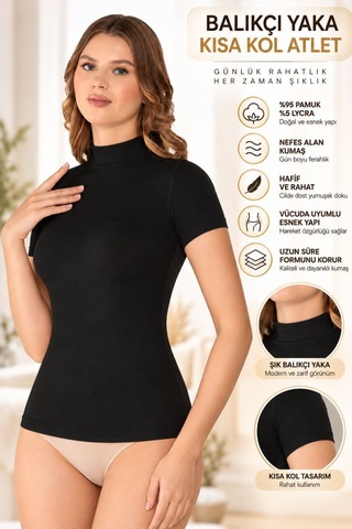 Kadın Balıkçı Yaka Kısa Kol Atlet Siyah, Esnek Kumaş, Vücuda Oturan Basic Body - Ryl - 2611 M
