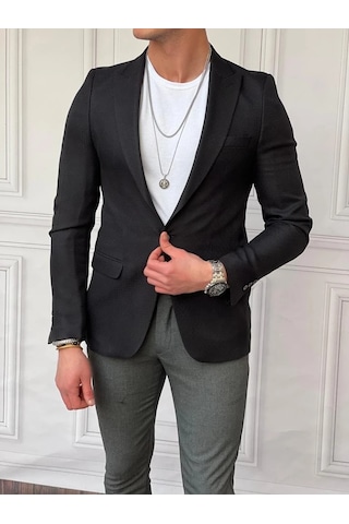 Modefendi Petek Örme Pamuk Likra Slimfit Kalıp Tek Ceket Siyah