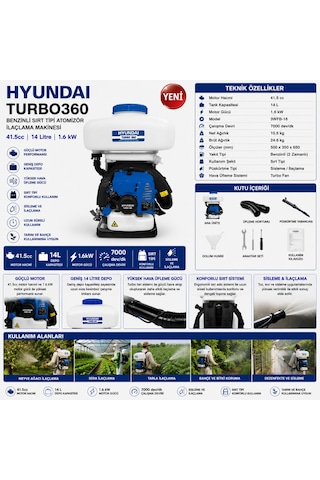 Hyundai Turbo360 Benzinli Sırt Atomizör İlaçlama Makinesi 14 Litre 41.5cc