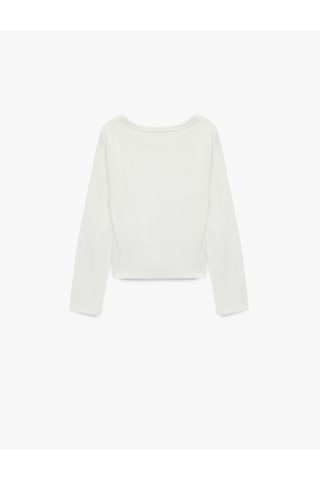 Koton Kalp Nakış Detaylı Slim Fit Pamuklu Kaşkorse Bisiklet Yaka Uzun Kollu Tişört Ekru 7wkg10521ak