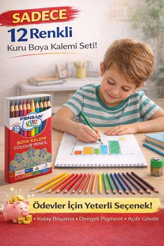 Kuruboya Kalemi 12 Li Canlı Renkler, Yumuşak Uç, Okul Ve Ödev İçin İdeal Kuru Boya Seti Beyaz