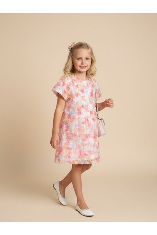 Zekids Kız Çocuk Çiçek İşlemeli Tasarım Elbise-17236 Renkli