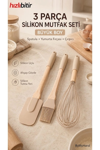 Bymyhand Ahşap Saplı Slikon Uçlu Mutfak Ve Pasta Yapım Hazırlık 3'lü Set Karışık