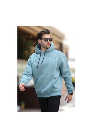 Madmext Mavi Kapüşonlu Cep Detaylı Nakışlı Erkek Sweatshirt 7054-mavi Mavi