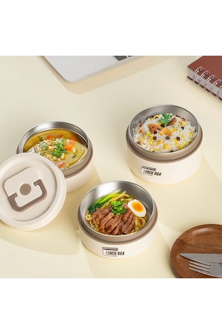 Porsima 25013 Vakumlu 3 Parça Çelik Lunch Box Sefer Tası Çantalı Krem