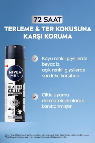 NIVEA MEN Erkek Sprey Deodorant Black & White Invisible Original 150 ML, 72 Saat Anti-Perspirant, X5 Adet