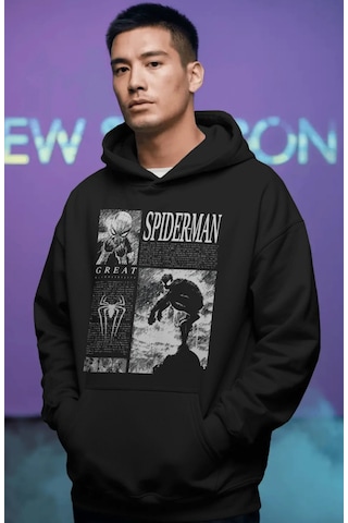 Sevbano Spider-man Örümcek Adam Film Kahramanı Ön Baskılı Unisex Oversize Siyah