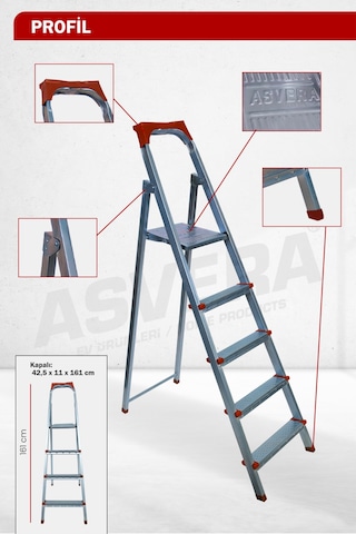 Asvera 4+1 5 Basamaklı Ev Tipi Katlanabilir Profil Merdiven - Sağlam Çelik Boya Merdiveni