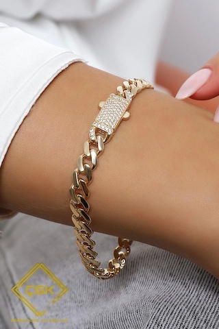 Çgk Çiğdem Gürel Kuyumculuk Çgk Royal Link 8 Ayar Altın Taşlı Gurmet Zincir Bileklik Kadın, Kutu Kilitli Premium Tasarım Gold