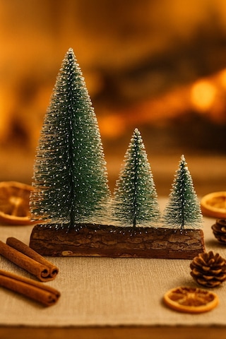 Hoşgeldin Yeni Yıl 3 Lü Mini Kar Efektli Ahşap Kütük Üstünde Mini Noel Çam Ağacı Seti 16 11 10 Cm Çok Renkli