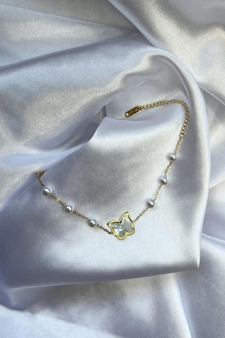 Altın Renk Kaplama İnci Taşlı Sedefli Kelebek Detaylı Kadın Çelik Bileklik - Altın